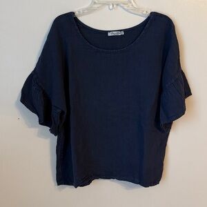 Elena Baldi 100% Linen Ruffle Sleeve Top Made in Italy Navy Blue Oversized Small